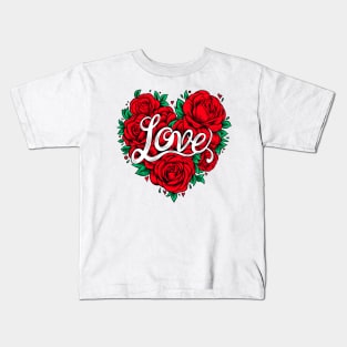 Love hand lettering with red roses in heart shape Kids T-Shirt